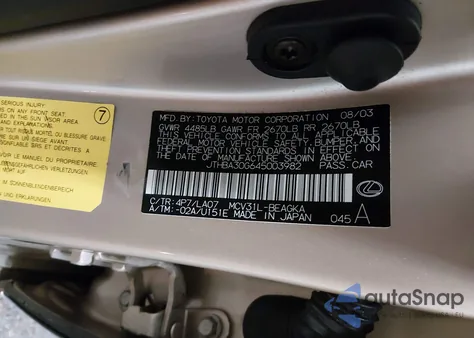 2004 Lexus Es 330 z USA, uszkodzony, nr VIN JTHBA30G645003982